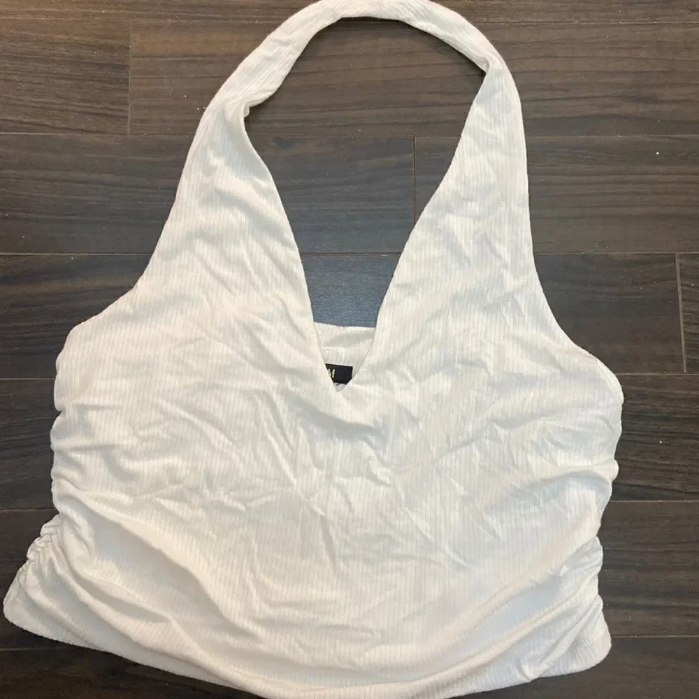 AFRM Ruched Ribbed Halter Top - White XL - Picture 2 of 6